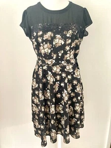 Dorothy Perkins Size 16 Black Beige Floral Chiffon Fit & Flare Dress Lace Trim - Picture 1 of 13