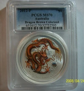 2012 P Australia BROWN COLORIZED SILVER DRAGON  1 OZ  PCGS MS 70  - Picture 1 of 1