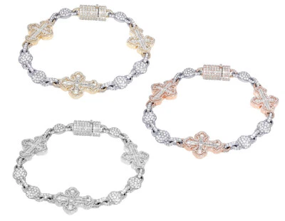 Baguette Cross 9 3/5 CT Real Diamond Double Beads Link Bracelet Gold 17MM 8" - Image 1 of 4