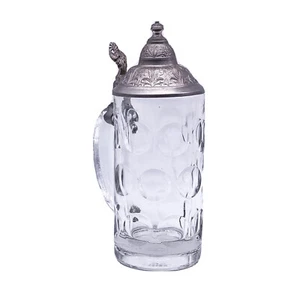 Vintage Beer Mug made of Glass with Pewter Lid 0.5 L Handmade 23.5 cm - Picture 1 of 12