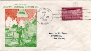 1st day cvr, Sc #858, 50th ann state, Planty 44, Bronesky cachet, Olympia, 1939 - Bild 1 von 1