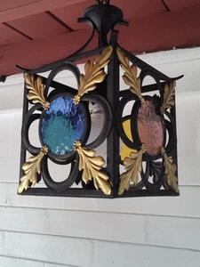  VINTAGE LANTERN BLACK & GOLD METAL PENDANT CHANDELIER SLAG GLASS GOTHIC  - Picture 1 of 12