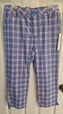 Ropa de mezclilla Bill Blass azul y rosa a cuadros capris para mujer talla 8 nueva con etiquetas Foto 1 de 4