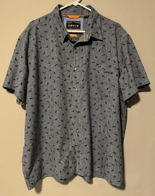 Orvis All Over Dog Print Active Fit Button Up Shirt Short Sleeve With Pocket XXL - Image 1 of 4