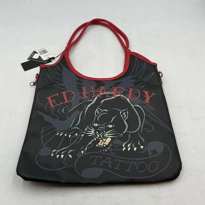 Bolsa tote feminina Ed Hardy preta vermelha grande estampa pantera de agachamento M11052 - Imagem 1 de 4