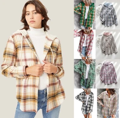 Womens thin Plaid Button Down Long Sleeve Hooded Jacket Casual Shacket Shirt - Image 1 of 4
