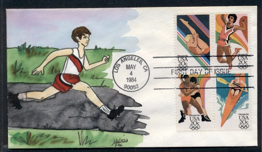 US #2082-5, 20¢ Olympics Block of 4 FDC, Melissa Fox handpainted & numbered   - Image 1 of 1