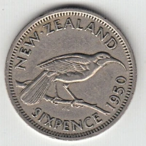 1950 New Zealand 6 Pence, Six Pence Huia (bird) KM# 16 - Picture 1 of 5