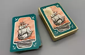 Mazzo di carte da gioco vintage in scatola clipper design nave a vela rosa verde anni 50 - Foto 1 di 4