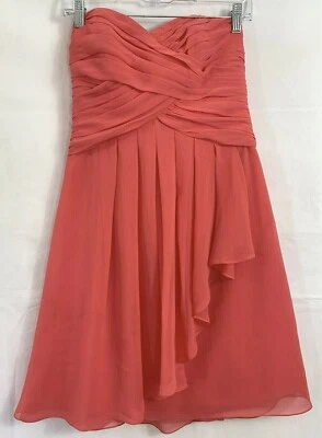 David’s Bridal Sz 6 Coral Chiffon Dress Cross Over Pleat Bodice Strapless Ruffle - Image 1 of 4