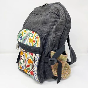 Black Embroidered Backpack 100% Recycled Jute Zip Up Floral Made in Nepal Boho - Picture 1 of 7