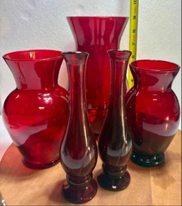 Vintage 1950's Anchor Hocking Royal Ruby Vase Collection; 5 Pieces - Picture 1 of 3
