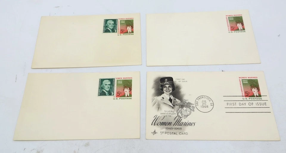 US Postal Card #UX56 With 1c Stamp X 3 Plus UX56 FDC, 5c, Woman Marines, Mint - Image 1 of 1