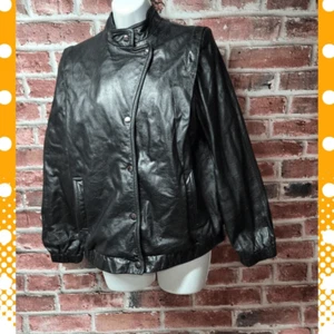 Vintage 80s Winlit Leather Jacket 9/10 Black Motorcycle Bomber Snap Collar Lined - Picture 1 of 9