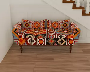 Storage Bench with Arms Kilim Pattern Orange Ethnic Decorative Window Bench - Picture 1 of 9