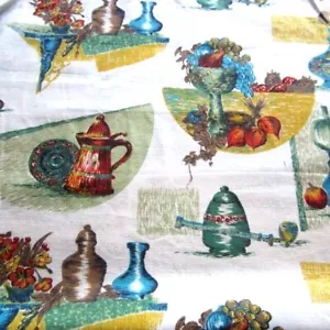 50cm x 120cm Fruit Veg Novelty Red Blue vintage cotton barkcloth fabric 1950s - Picture 1 of 7