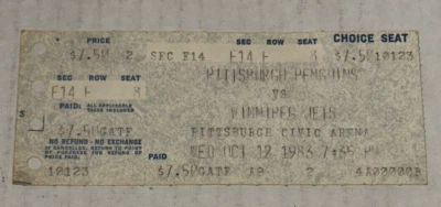 Boleto de los Winnipeg Jets Pittsburgh Penguins McBain primer gol de la NHL 12/10/83 Foto 1 de 2