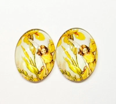 8 Vintage Multi-Colored 25x18mm Fairy Yellow Iris Floral Glass Cameos Cabochons - Image 1 of 4