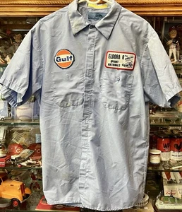 VINTAGE XL BLAU UNIFORM ARBEITSHEMD mit ELDORA DIRT TRACK SPRINT CAR & GULF PATCH - Bild 1 von 5