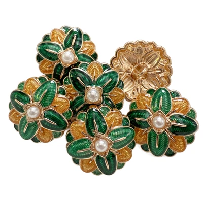 Green Yellow Enamel Leave Flower Pearl Metal Buttons - 21mm Shank Buttons - 6PC - Image 1 of 4