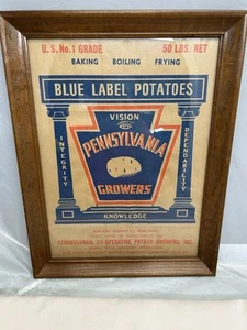 Vintage Framed Blue Label Potatoes PA Co-Op Growers No 1 Grade 50lb Farm Sign - Picture 1 of 23