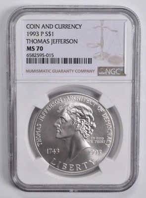 MS70 1993-P Jefferson Commem. Silver Dollar Coin & Currency NGC Brown Lbl - Image 1 of 4