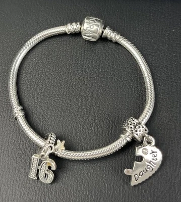 Pandora S925 ALE Charm Bracelet Silver 16 Daughter Heart Dangle Gift Charms - Image 1 of 4
