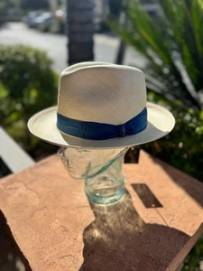 Borsalino Natural Medium Brim Panama Cuenca Straw Hat w/ Blue Grosgrain Band - Picture 1 of 3