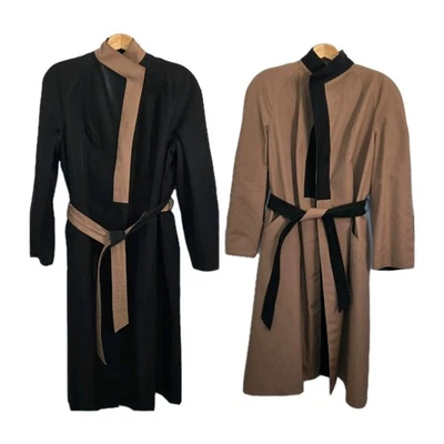 Etienne Aigner Trench Coat Womens 14 Black Tan Belted Reversible Classic Vintage - Image 1 of 4