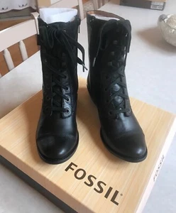 NIB New Fossil Black Womens Biker Jenny Ghillie Leather Boots 6.5 - Picture 1 of 6