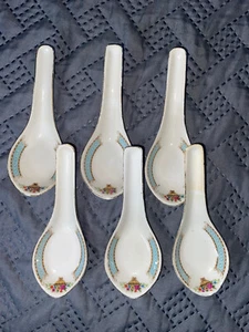 Vtg 6pc Chinese Porcelain SWATOW CHINA Soup Spoons-Floral White Blue-5 1/2” Long - Picture 1 of 12