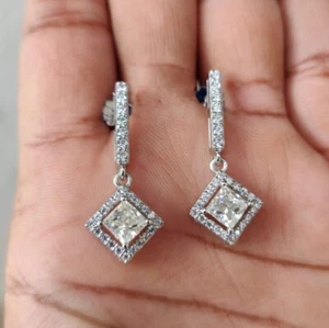 2.80Ct Drop Dangle Earrings 14K White Gold Finish Princess Cut Created Diamonds - Picture 1 of 10