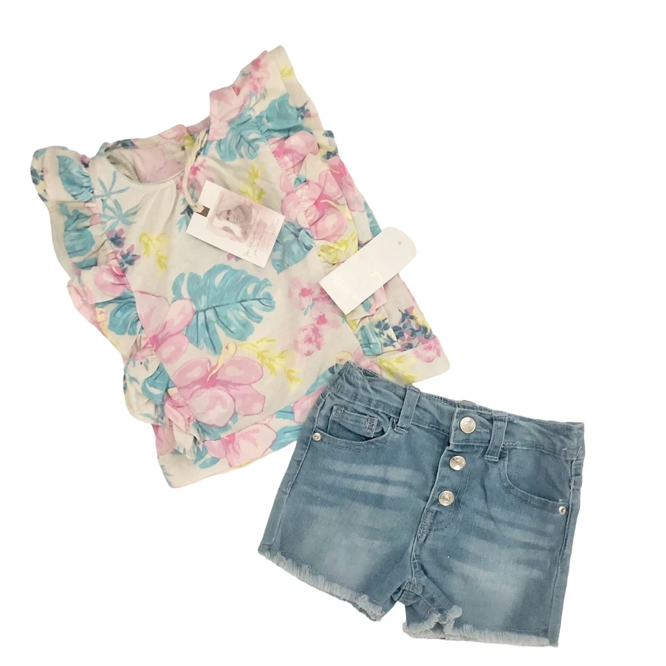 Jessica Simpson 2 Piezas Niño Bebé Niña Conjunto Tropical Top Denim Pantalones Cortos 24M Foto 1 de 4