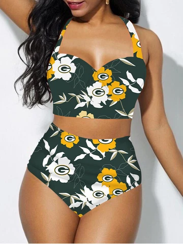 Green Bay Packers Womens 2pcs Halter Swimsuit High Waist Bikini Set Bathing Wear Cover