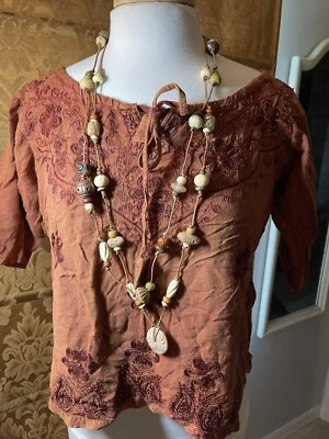 Free Size Shirt Boho Woman’s Stonewashed Embroidered 100% Rayon Vintage Rust - Image 1 of 4
