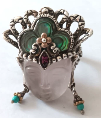 Barbara Bixby Sterling Silver/18K Multi-Gemstone Quan Yin Face Ring Size 9 - Image 1 of 4