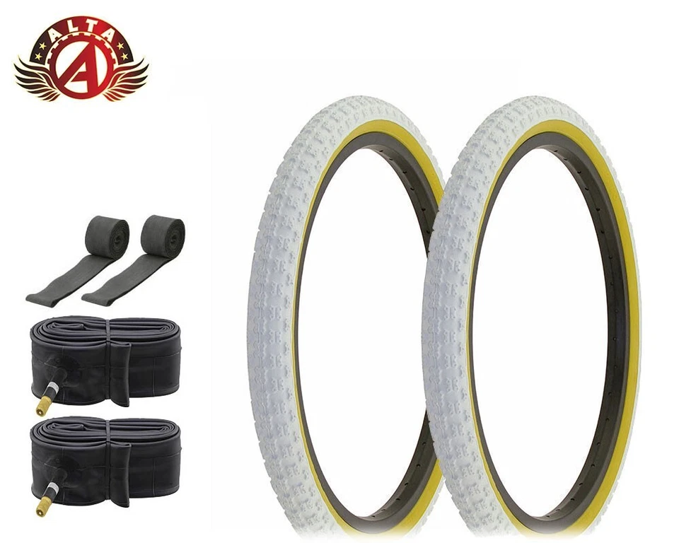 2 Alta BICYCLE 20 X 1.75 BMX TIRES WHITE/GUM COMP III TREAD W/TUBES & RIMSTRIPS. - Image 1 of 1