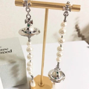 Vivienne Westwood Long Pearl Earrings Silver White Orb Drop Engraved Ladie - Picture 1 of 5