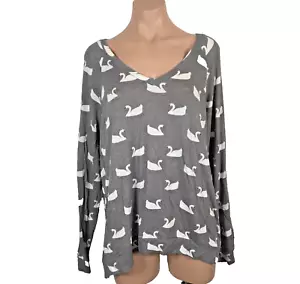 PJ Salvage Super Soft Gray Swans Long Sleeve Top Sz Large V-Neck All Over Print - Picture 1 of 9