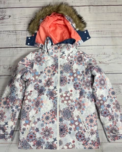 Roxy Girls Hooded Insulated Jacket Sz 16 XXL White Blue Print Faux Fur Hood Trim - Picture 1 of 11
