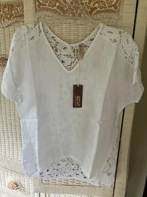 XCVI * Chastain * Blanco * Top de lino con espalda de encaje * Nuevo con etiquetas * Pequeño Foto 1 de 4