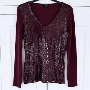AJ Armani Sequin Top Size 42 UK 10 Women’s Maroon Long Sleeve Pre Loved Designer - Picture 1 of 9