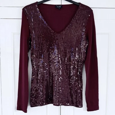 Top de lentejuelas AJ Armani talla 42 UK 10 para mujer granate manga larga pre querido diseñador Foto 1 de 4