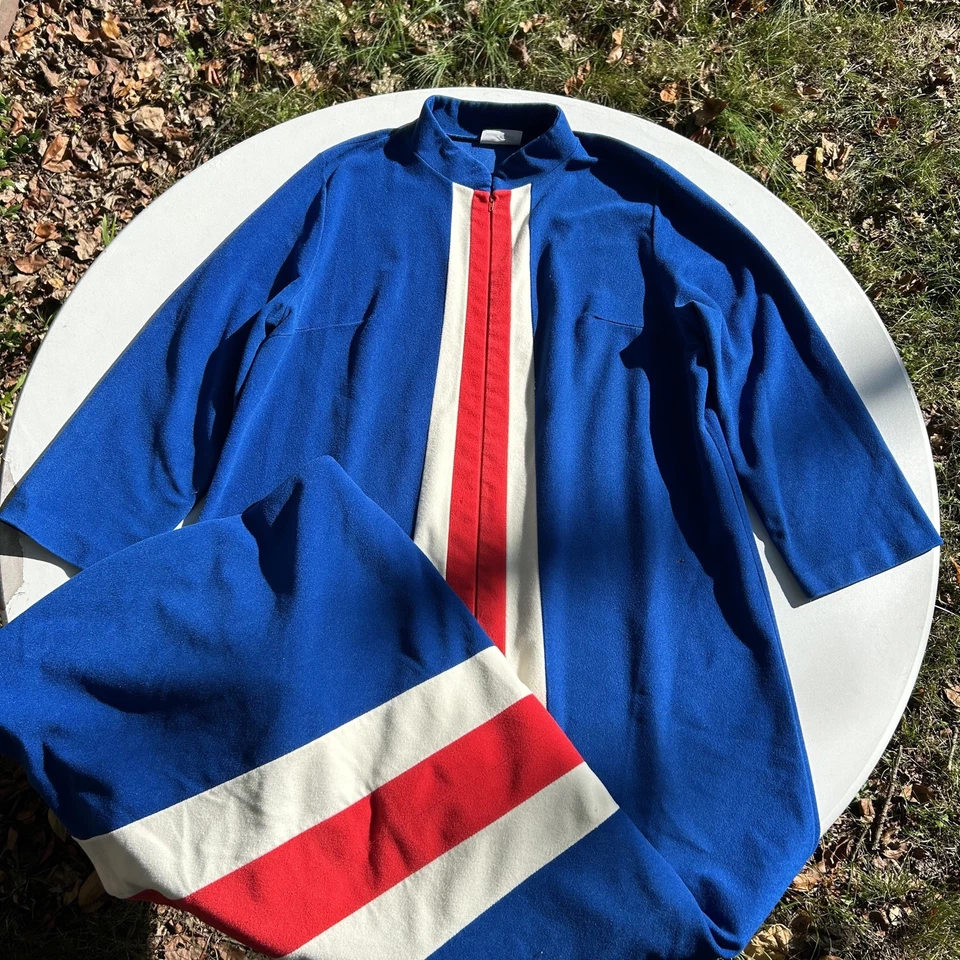 Bata de Colección Años 70 Azul Rojo y Blanco Rayas JC Penney Ropa de Salón con Cremallera  Foto 1 de 4