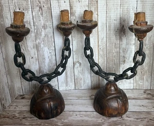 Candelabra Pair Wood Wrought Iron Chains Handmade Dramatic Prop Vtg Walnut? - Picture 1 of 15