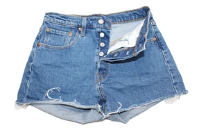 Levis 501 Cut Off Jean Shorts Beach Distressed Denim Mid Rise Button Fly Size 26 - Picture 1 of 6