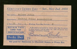 1959 Kentucky Derby Press Pass Ticket 5/2/59 Tomy Lee Willie Shoemaker Ex 23203 - Picture 1 of 2