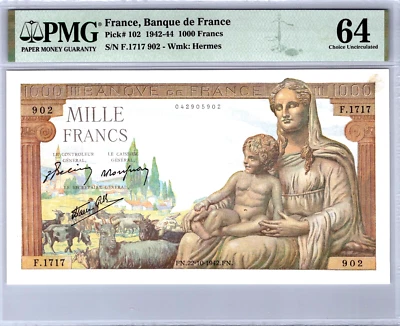 France 1000 Francs 1942 Pick# 102 PMG 64 Choice Uncirculated - Image 1 of 4
