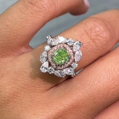 Simulated 3.46 TCW Peridot ,Tourmaline & Sapphire Halo Style Luxury Wedding Ring - Image 1 of 4