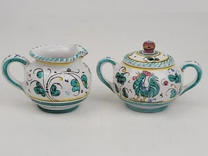 PV Italy Marked Hand Painted Ceramic Sugar & Creamer Dish - Rooster Theme - Picture 1 of 20